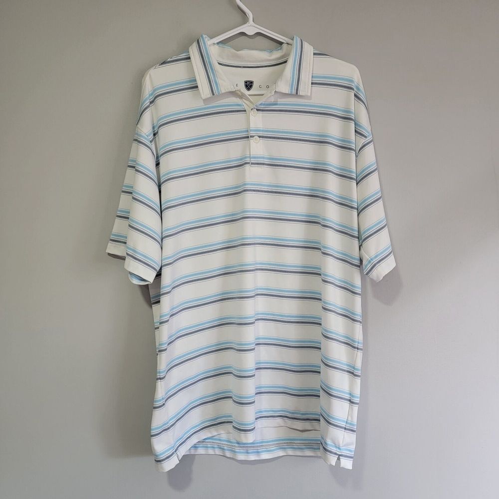 Nike Golf Dri Fit UV Polo Short Sleeve White Blue Stripe Large Shirt Casual Golf